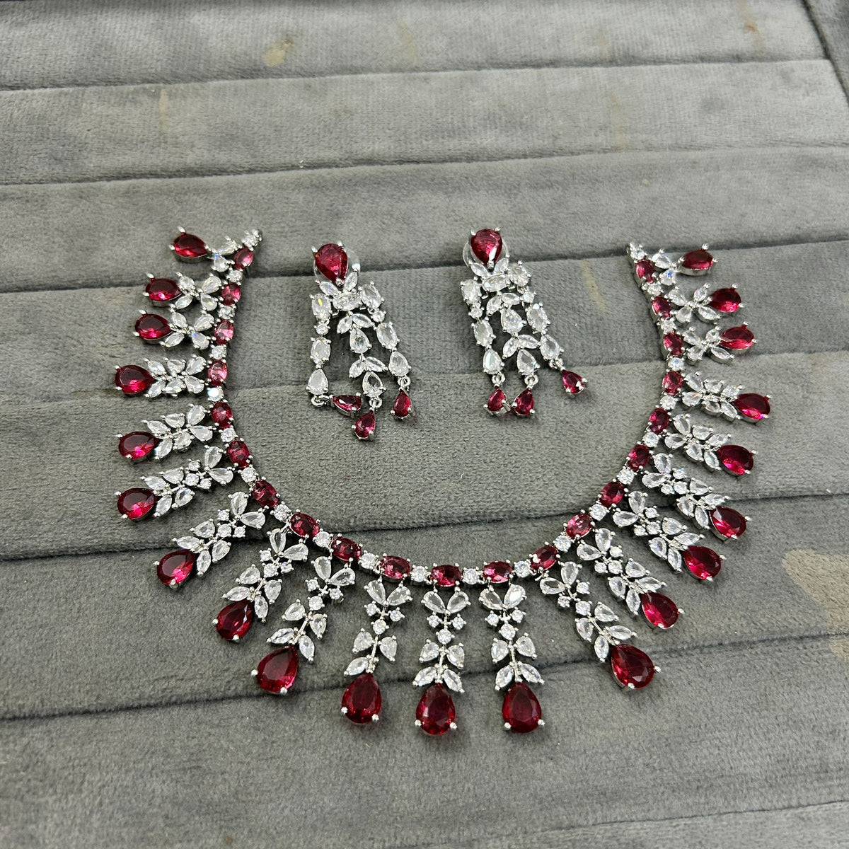 Silver Tone CZ AD Flower Design Bridal Choker Earring Set For Wedding - Libasaa.com