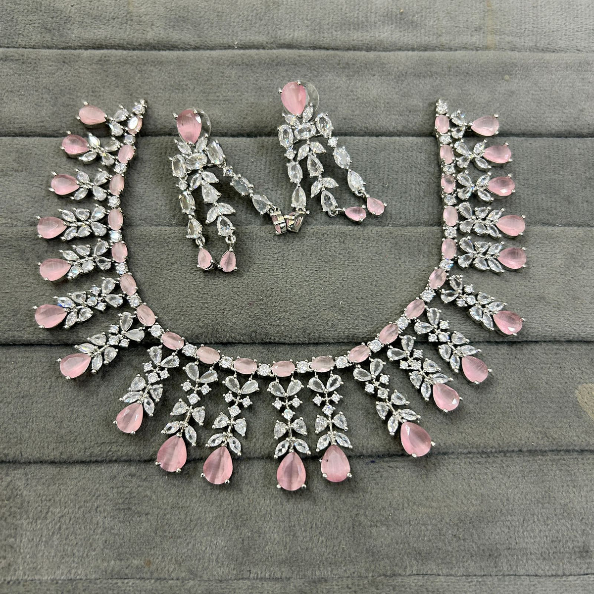 Silver Tone CZ AD Flower Design Bridal Choker Earring Set For Wedding - Libasaa.com