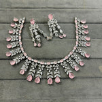 Silver Tone CZ AD Flower Design Bridal Choker Earring Set For Wedding - Libasaa.com