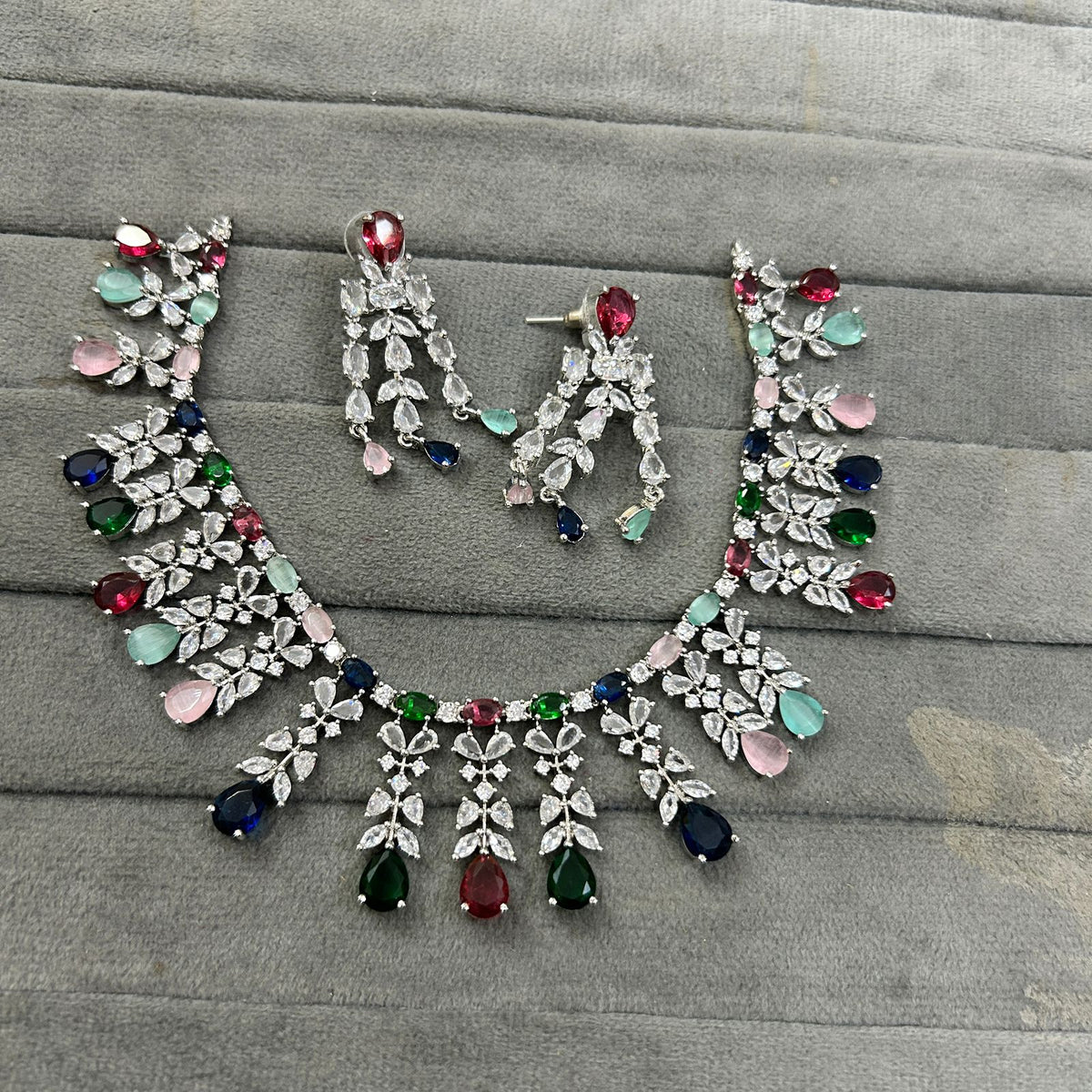 Silver Tone CZ AD Flower Design Bridal Choker Earring Set For Wedding - Libasaa.com