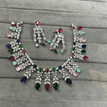 Silver Tone CZ AD Flower Design Bridal Choker Earring Set For Wedding - Libasaa.com