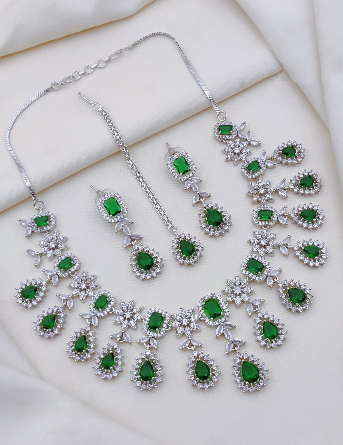 Indian Flower Design Silver Plated AD CZ Choker Earring Mangtikka Set - Libasaa.com