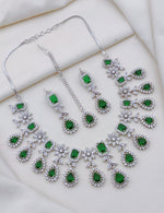 Indian Flower Design Silver Plated AD CZ Choker Earring Mangtikka Set - Libasaa.com