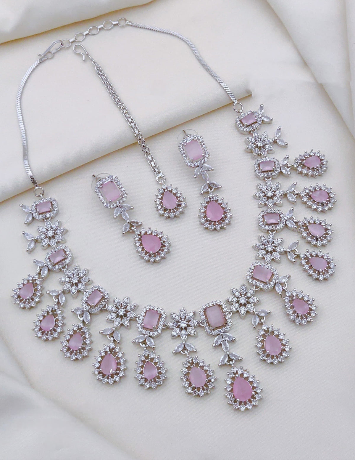 Indian Flower Design Silver Plated AD CZ Choker Earring Mangtikka Set - Libasaa.com