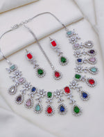 Indian Flower Design Silver Plated AD CZ Choker Earring Mangtikka Set - Libasaa.com