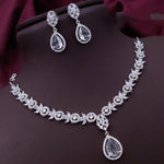 Pakistani Floral CZ Silver Tone Choker Earring Set For Wedding - Libasaa.com
