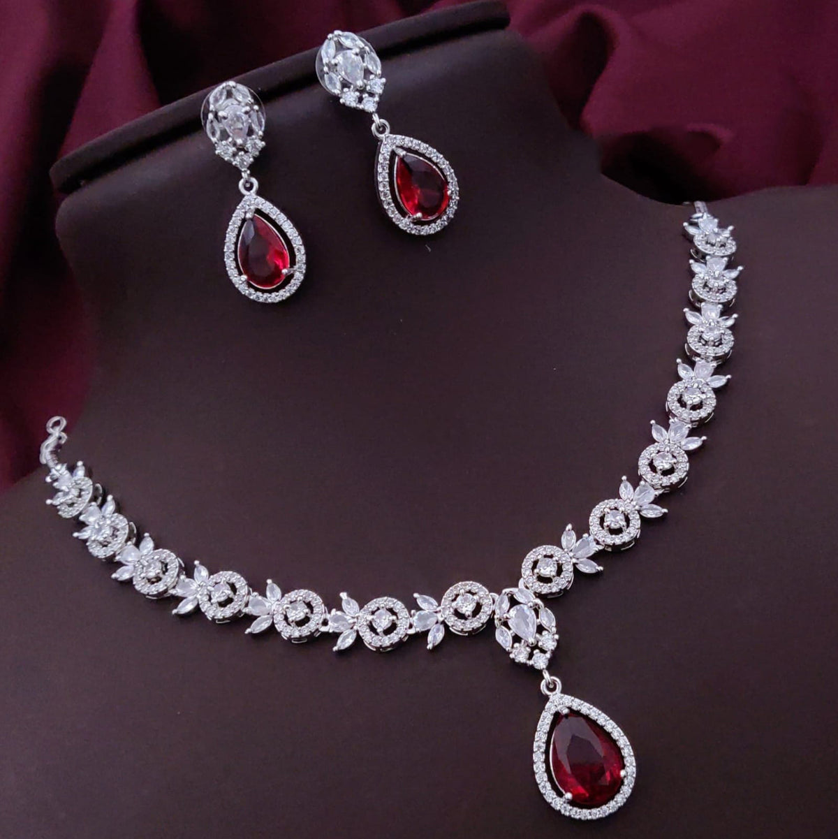 Pakistani Floral CZ Silver Tone Choker Earring Set For Wedding - Libasaa.com