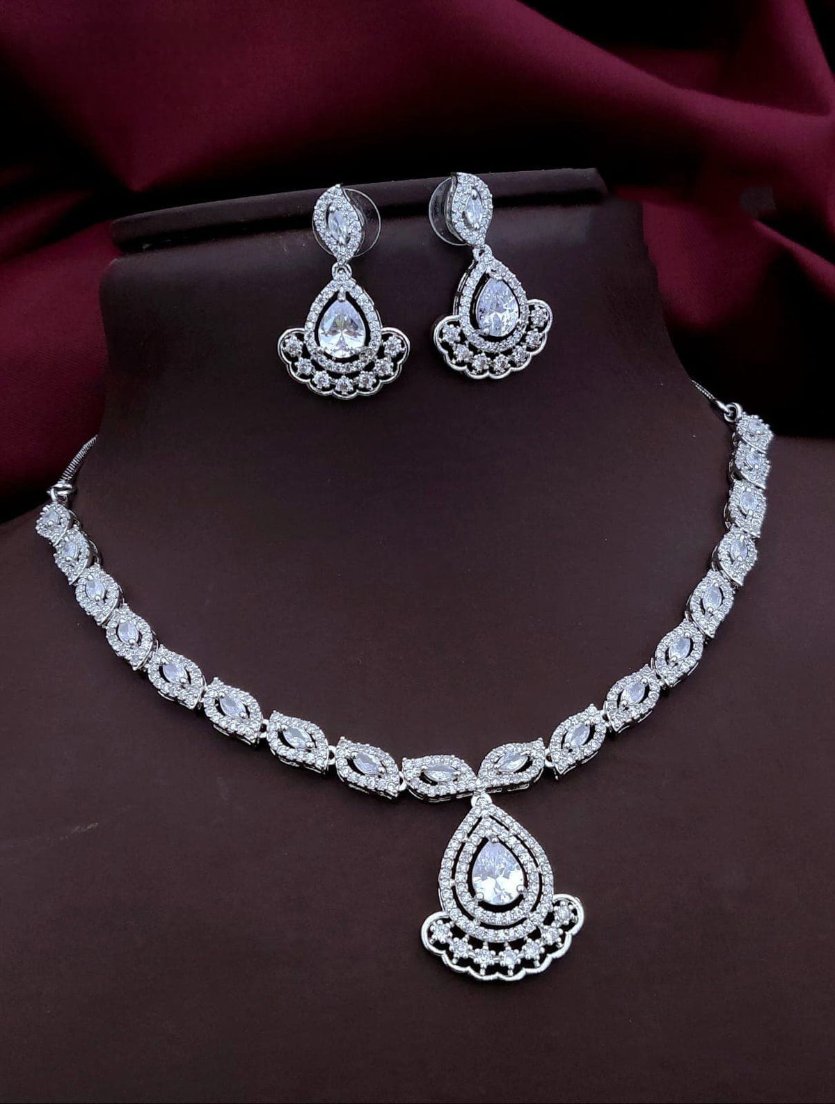 Punjabi Silver Plated Teardorp AD Necklace Earring Set For Women - Libasaa.com