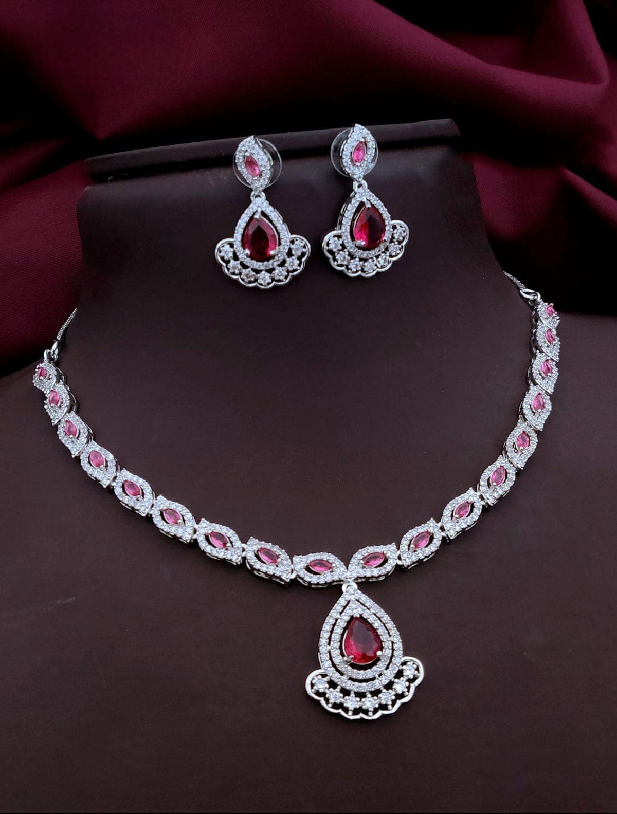 Punjabi Silver Plated Teardorp AD Necklace Earring Set For Women - Libasaa.com