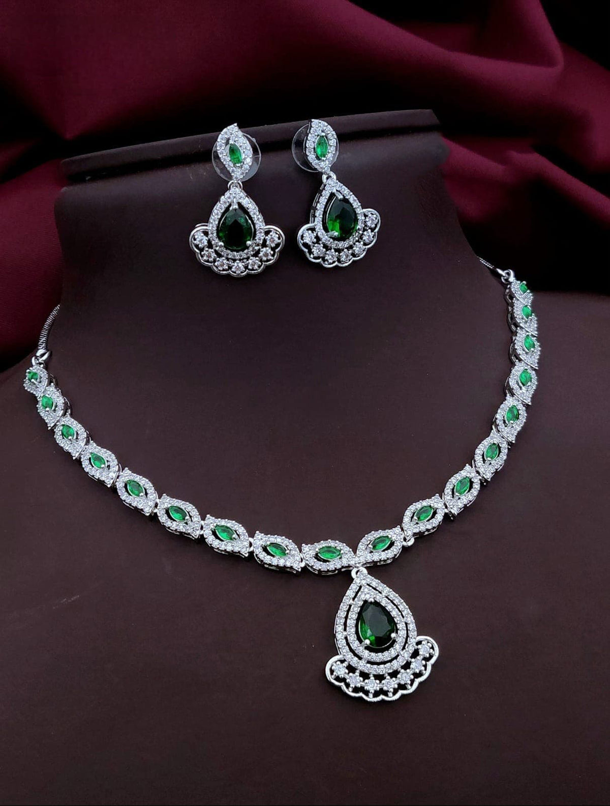 Punjabi Silver Plated Teardorp AD Necklace Earring Set For Women - Libasaa.com
