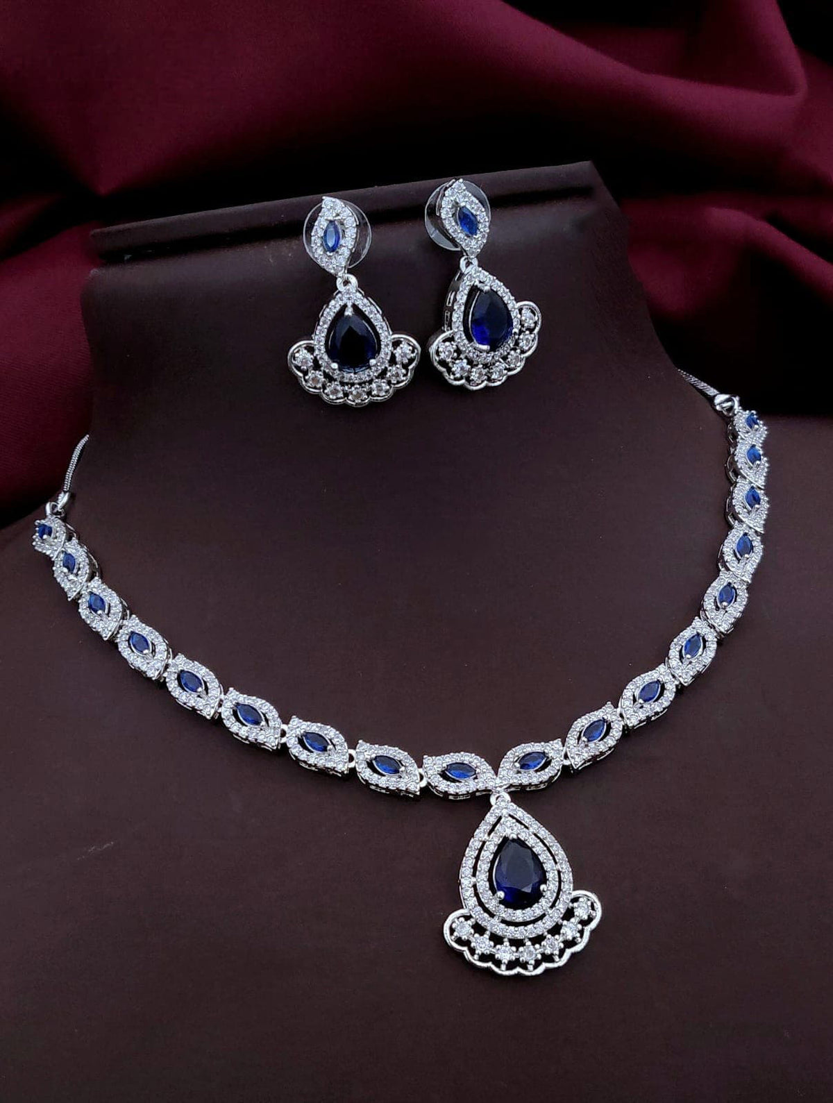 Punjabi Silver Plated Teardorp AD Necklace Earring Set For Women - Libasaa.com