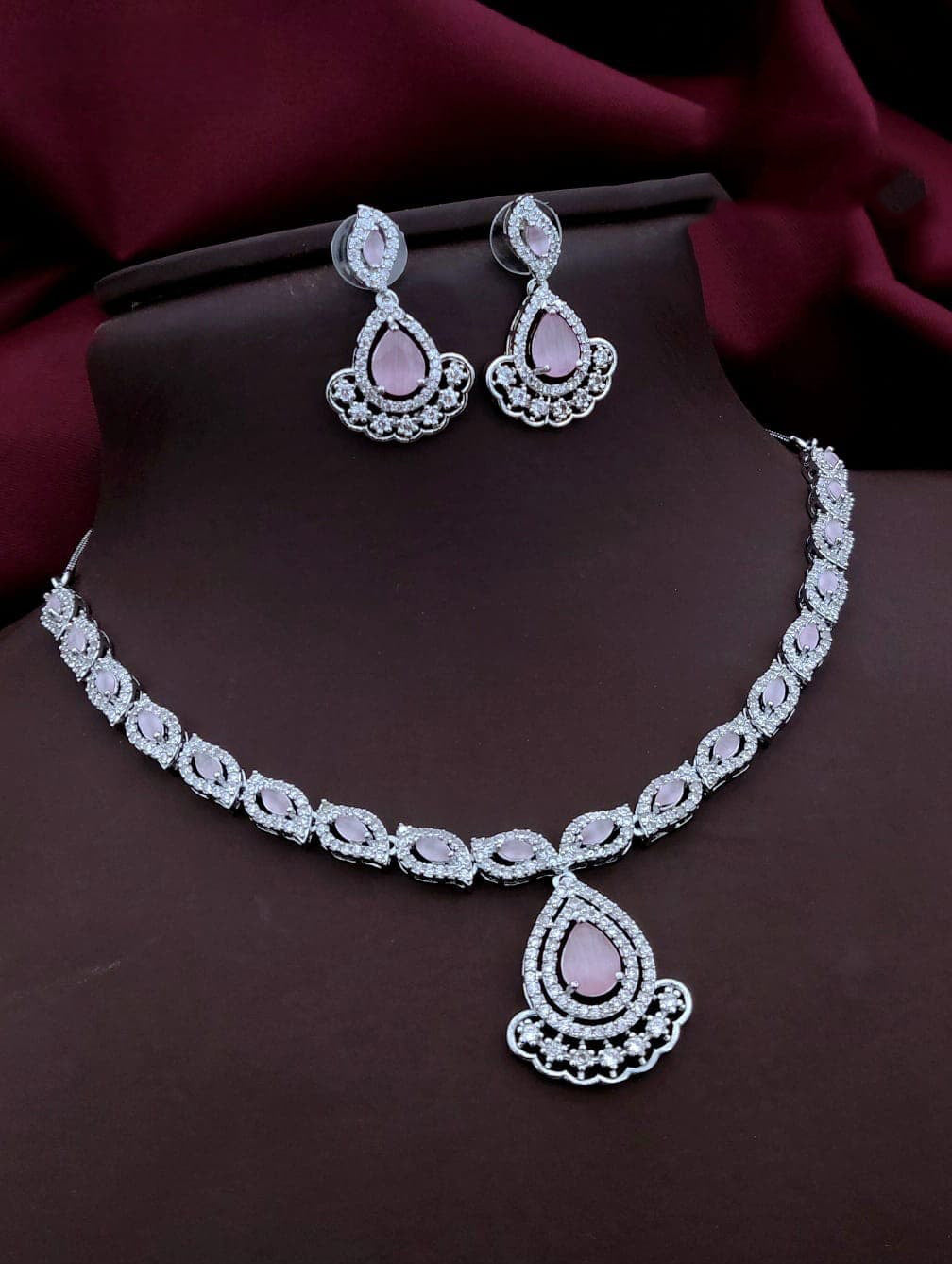 Punjabi Silver Plated Teardorp AD Necklace Earring Set For Women - Libasaa.com