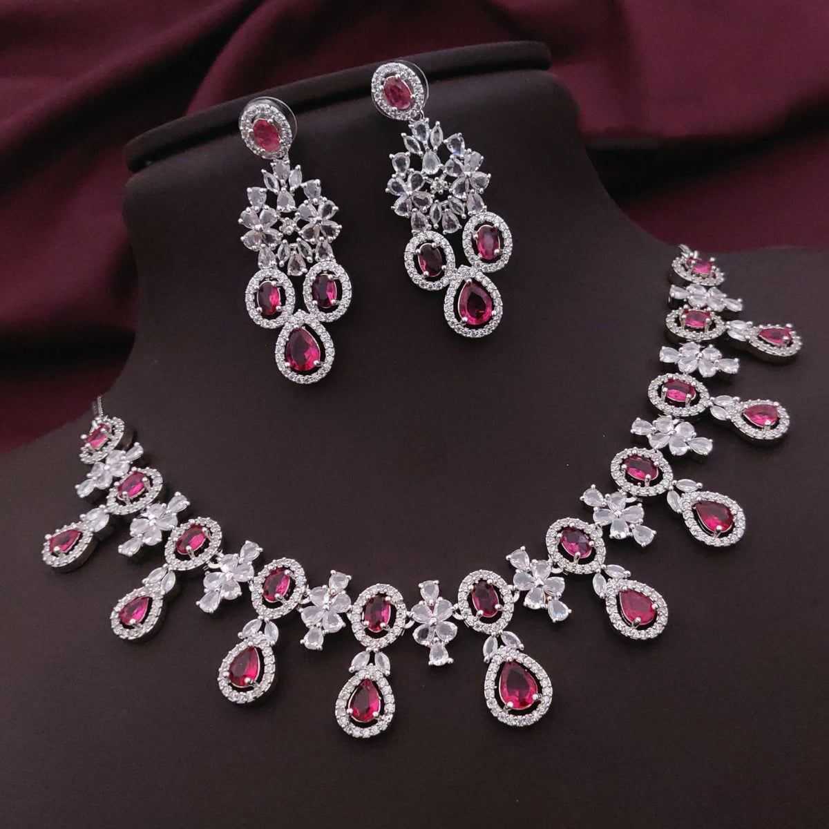 Traditional Silver Plated Floral AD CZ Choker Earring Set For Women - Libasaa.com
