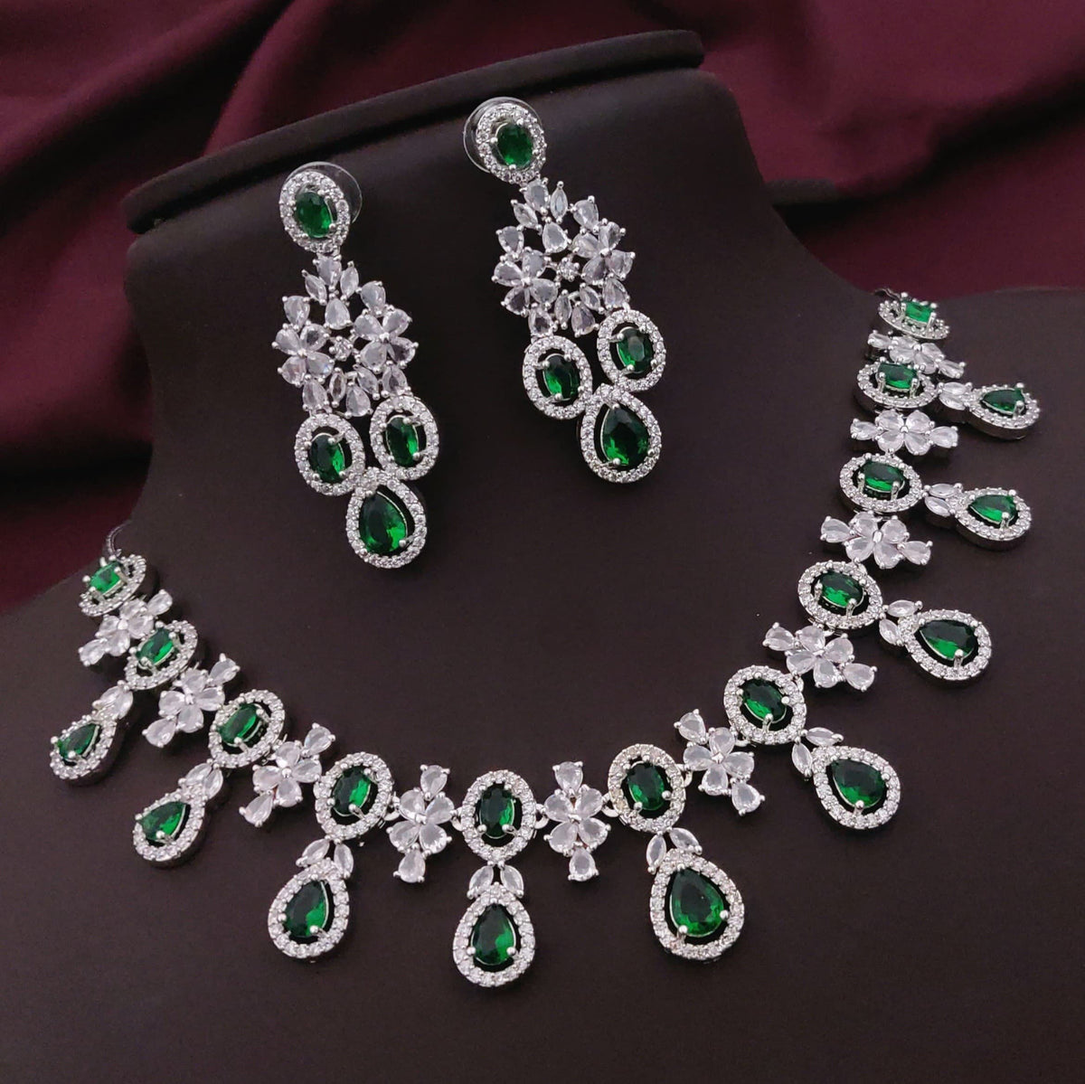 Traditional Silver Plated Floral AD CZ Choker Earring Set For Women - Libasaa.com