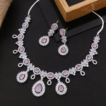 Pakistani Bridal Silver Tone CZ AD Floral Choker Earring Set For Women - Libasaa.com