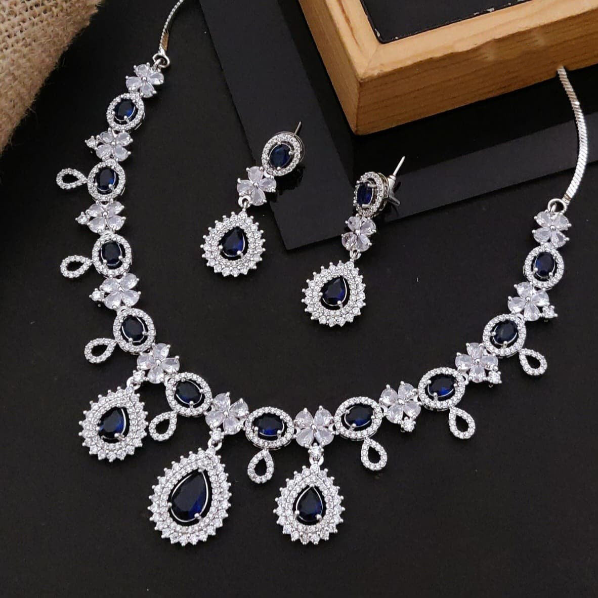 Pakistani Bridal Silver Tone CZ AD Floral Choker Earring Set For Women - Libasaa.com