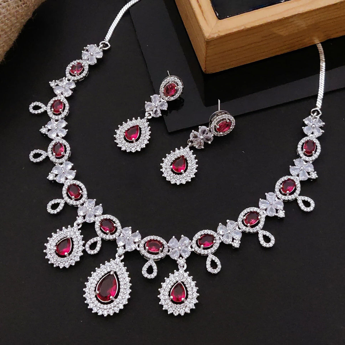 Pakistani Bridal Silver Tone CZ AD Floral Choker Earring Set For Women - Libasaa.com