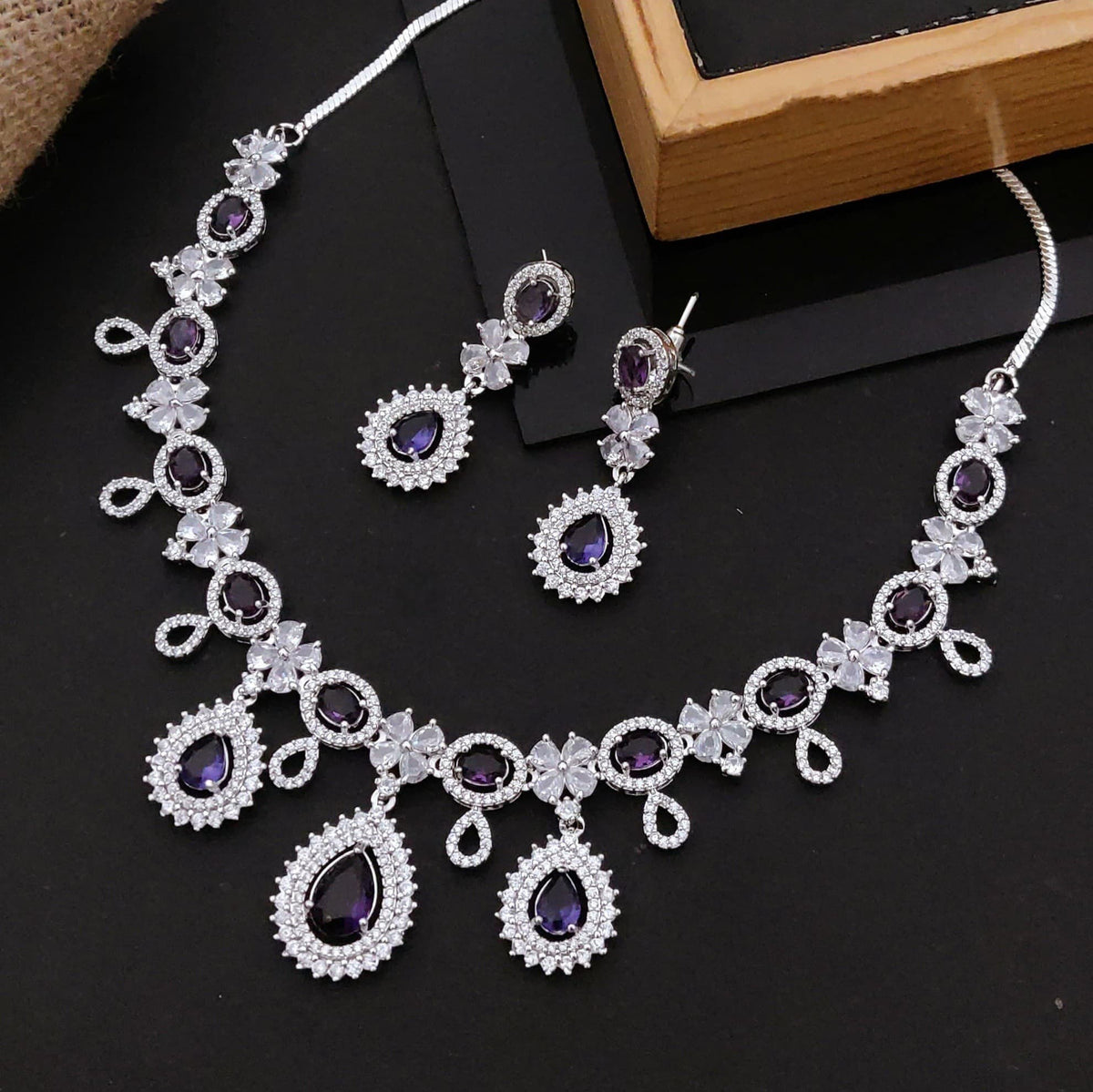 Pakistani Bridal Silver Tone CZ AD Floral Choker Earring Set For Women - Libasaa.com