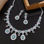 Pakistani Bridal Silver Tone CZ AD Floral Choker Earring Set For Women - Libasaa.com