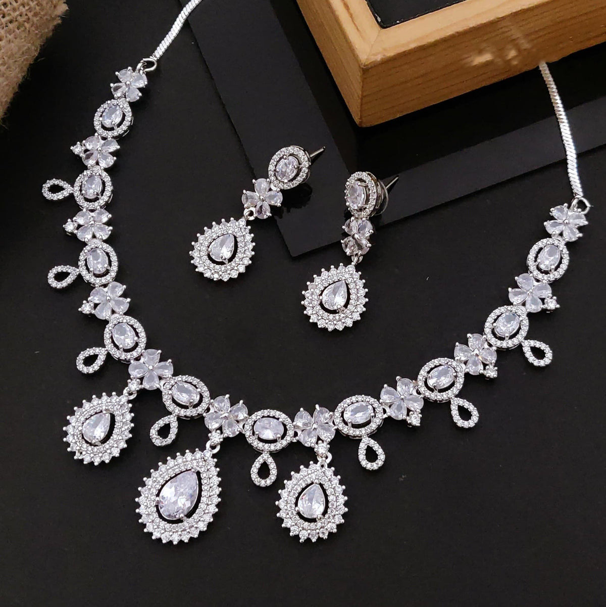 Pakistani Bridal Silver Tone CZ AD Floral Choker Earring Set For Women - Libasaa.com