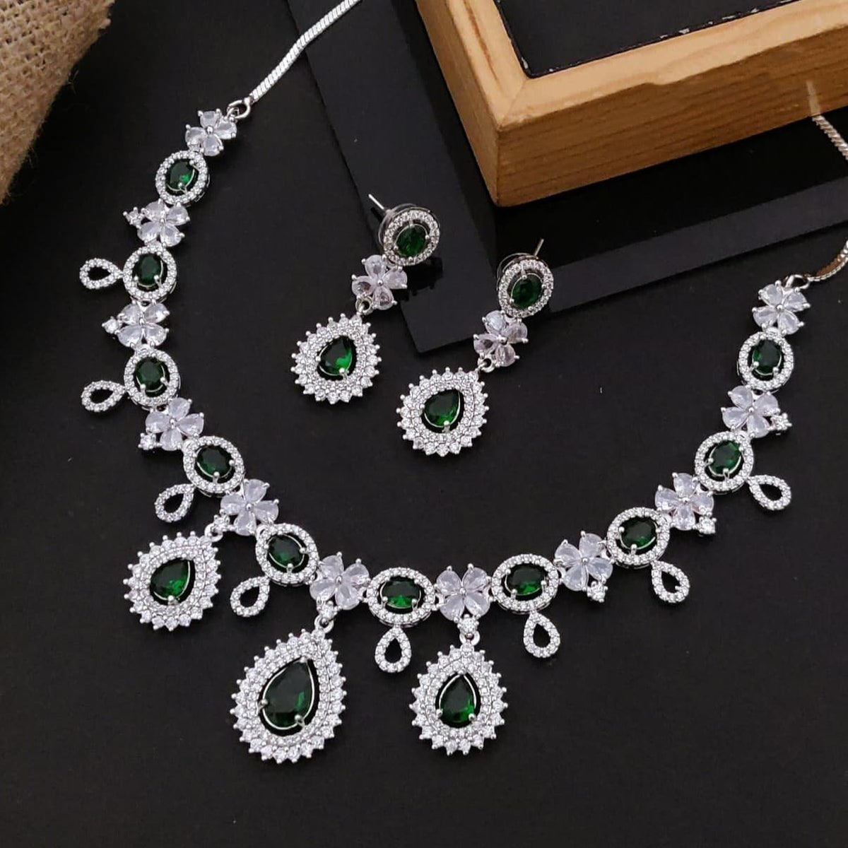 Pakistani Bridal Silver Tone CZ AD Floral Choker Earring Set For Women - Libasaa.com