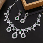 Pakistani Bridal Silver Tone CZ AD Floral Choker Earring Set For Women - Libasaa.com