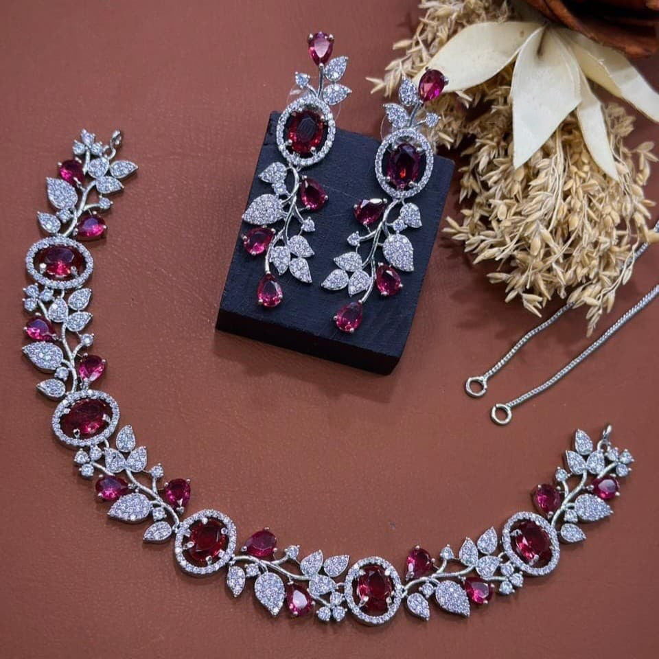 Jaipuri Flower Design Silver Plated AD Choker Earring Set For Wedding - Libasaa.com