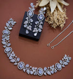 Jaipuri Flower Design Silver Plated AD Choker Earring Set For Wedding - Libasaa.com