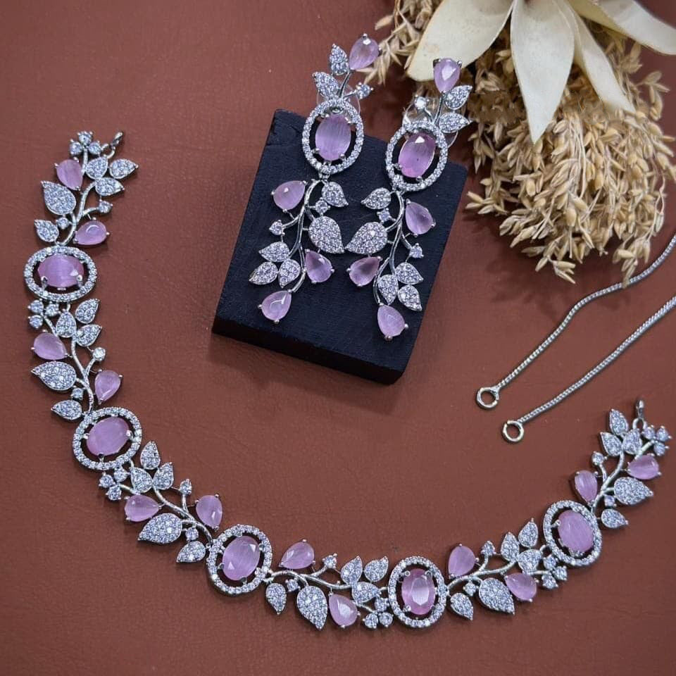 Jaipuri Flower Design Silver Plated AD Choker Earring Set For Wedding - Libasaa.com