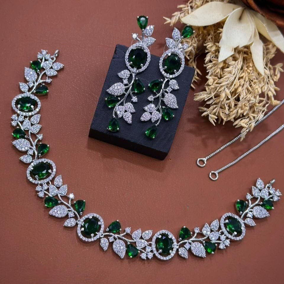 Jaipuri Flower Design Silver Plated AD Choker Earring Set For Wedding - Libasaa.com