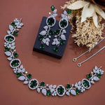 Jaipuri Flower Design Silver Plated AD Choker Earring Set For Wedding - Libasaa.com