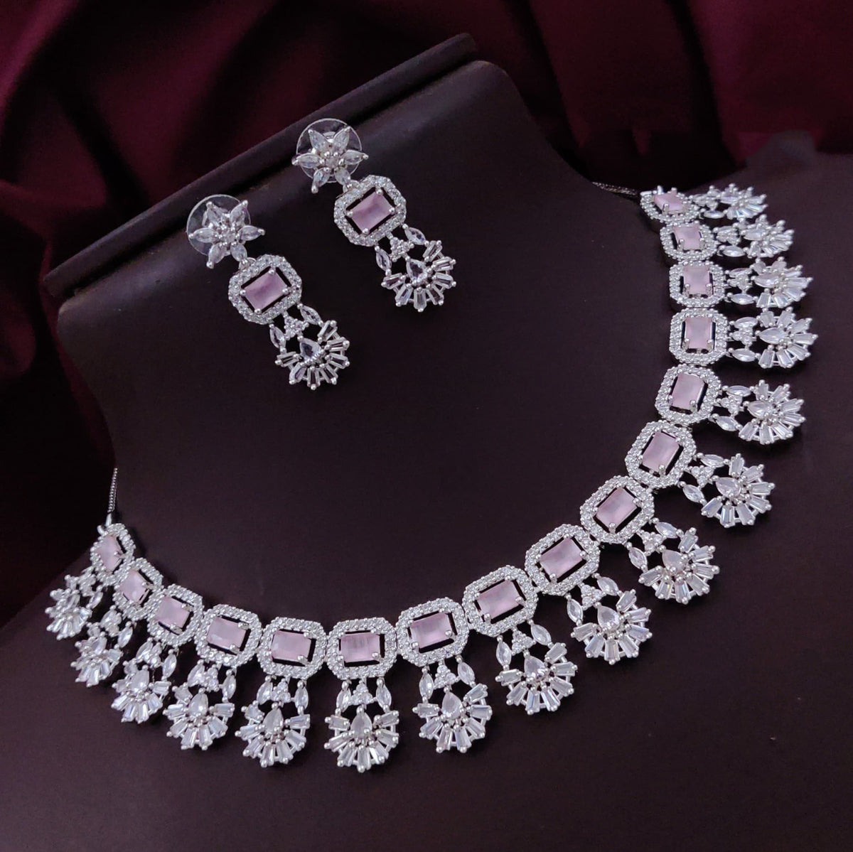 Bollywood Floral Inspired CZ Silver Plated Choker Earring Set For Women - Libasaa.com
