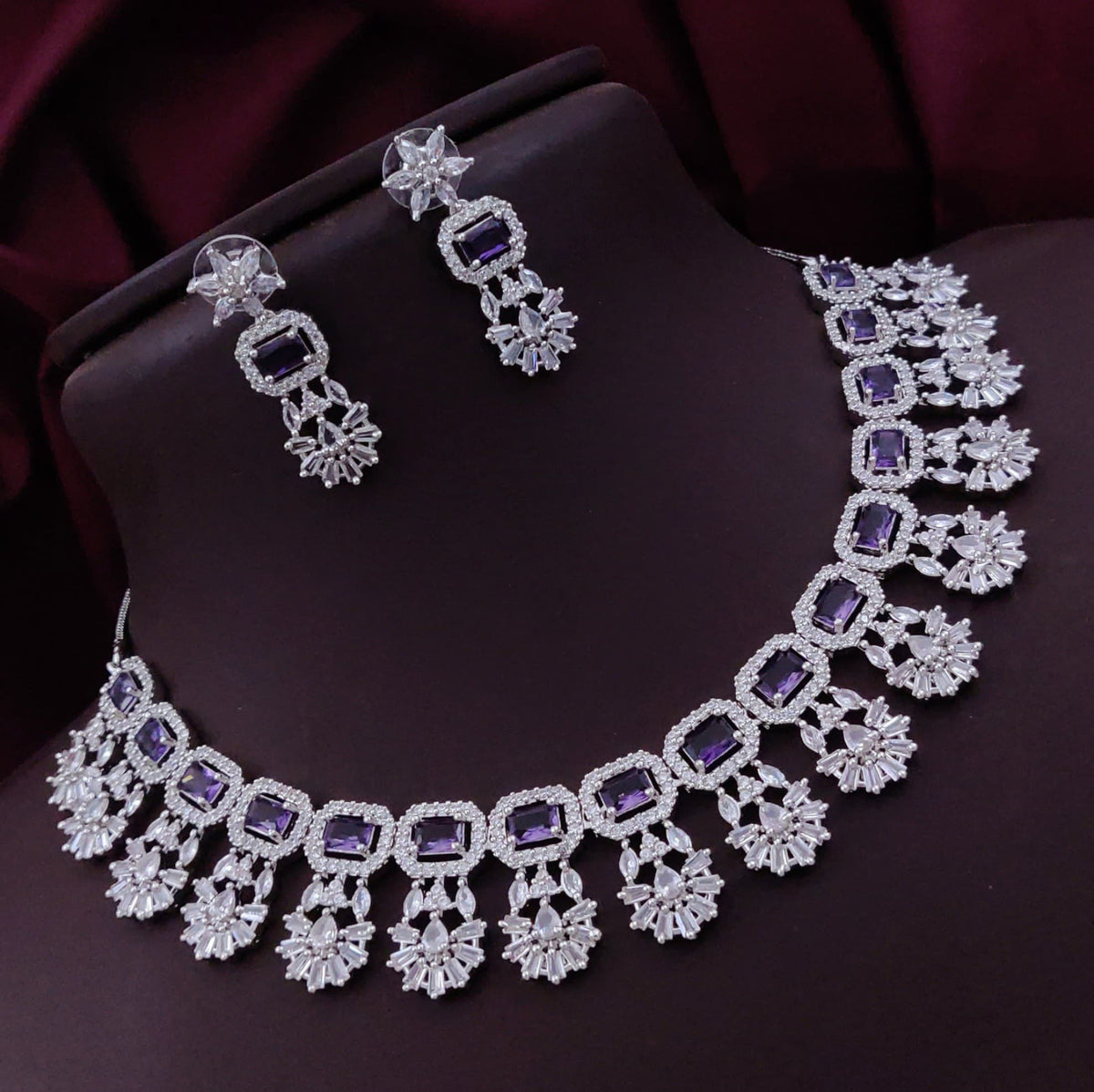 Bollywood Floral Inspired CZ Silver Plated Choker Earring Set For Women - Libasaa.com