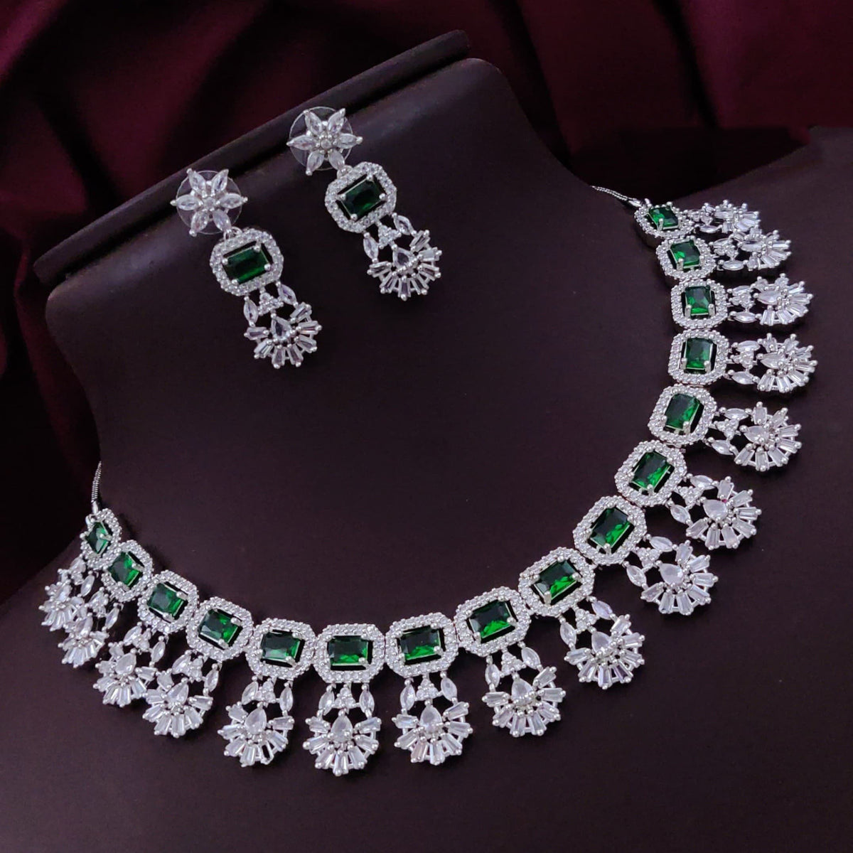 Bollywood Floral Inspired CZ Silver Plated Choker Earring Set For Women - Libasaa.com