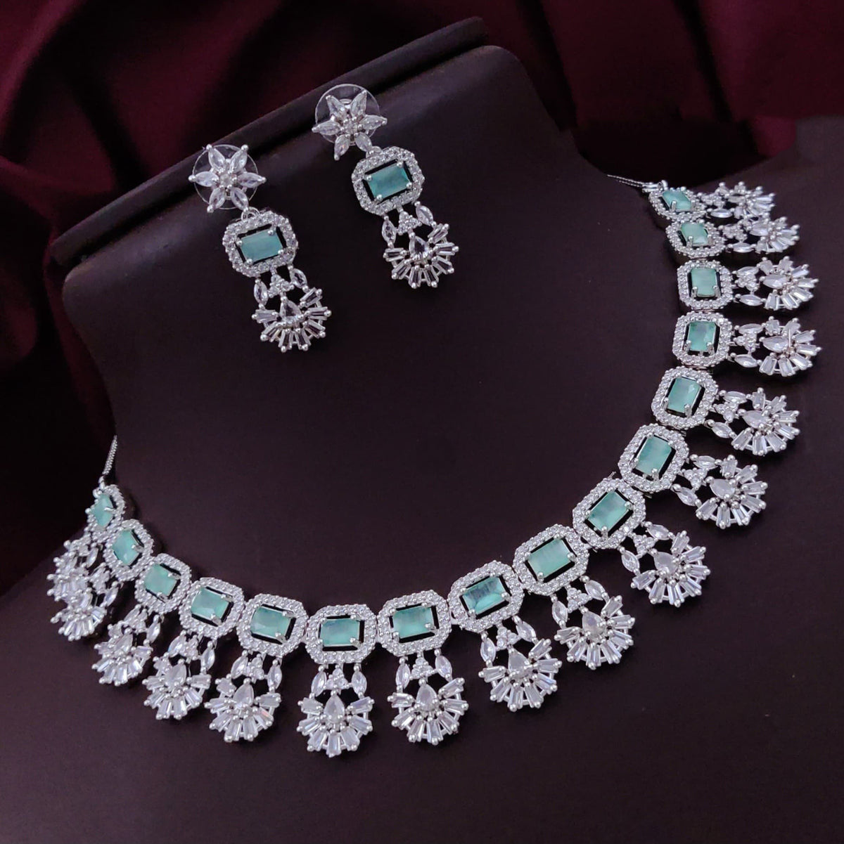 Bollywood Floral Inspired CZ Silver Plated Choker Earring Set For Women - Libasaa.com