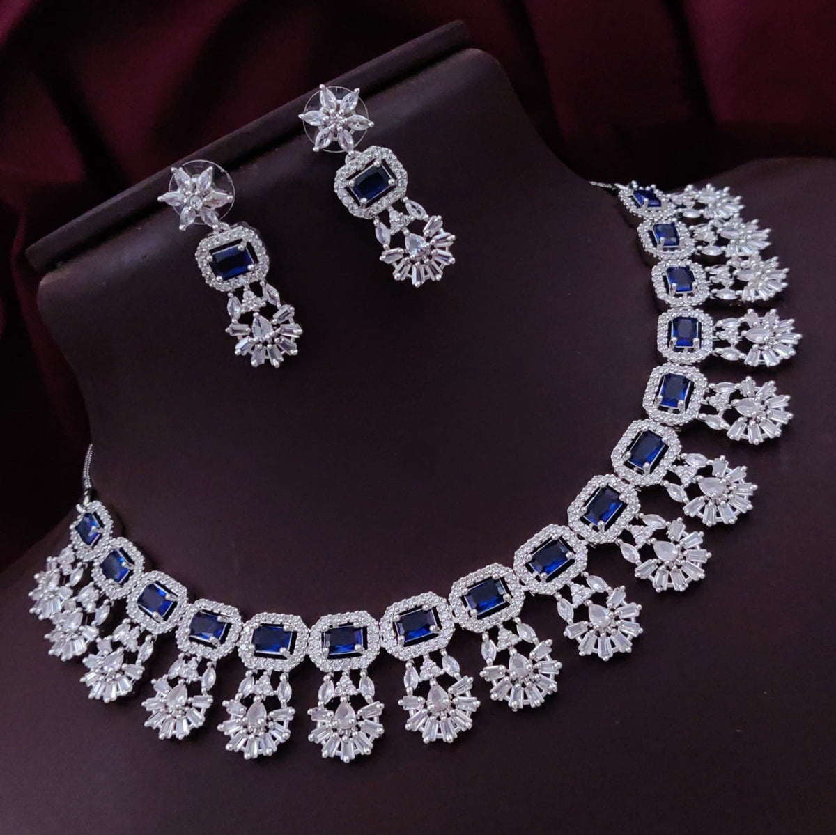 Bollywood Floral Inspired CZ Silver Plated Choker Earring Set For Women - Libasaa.com