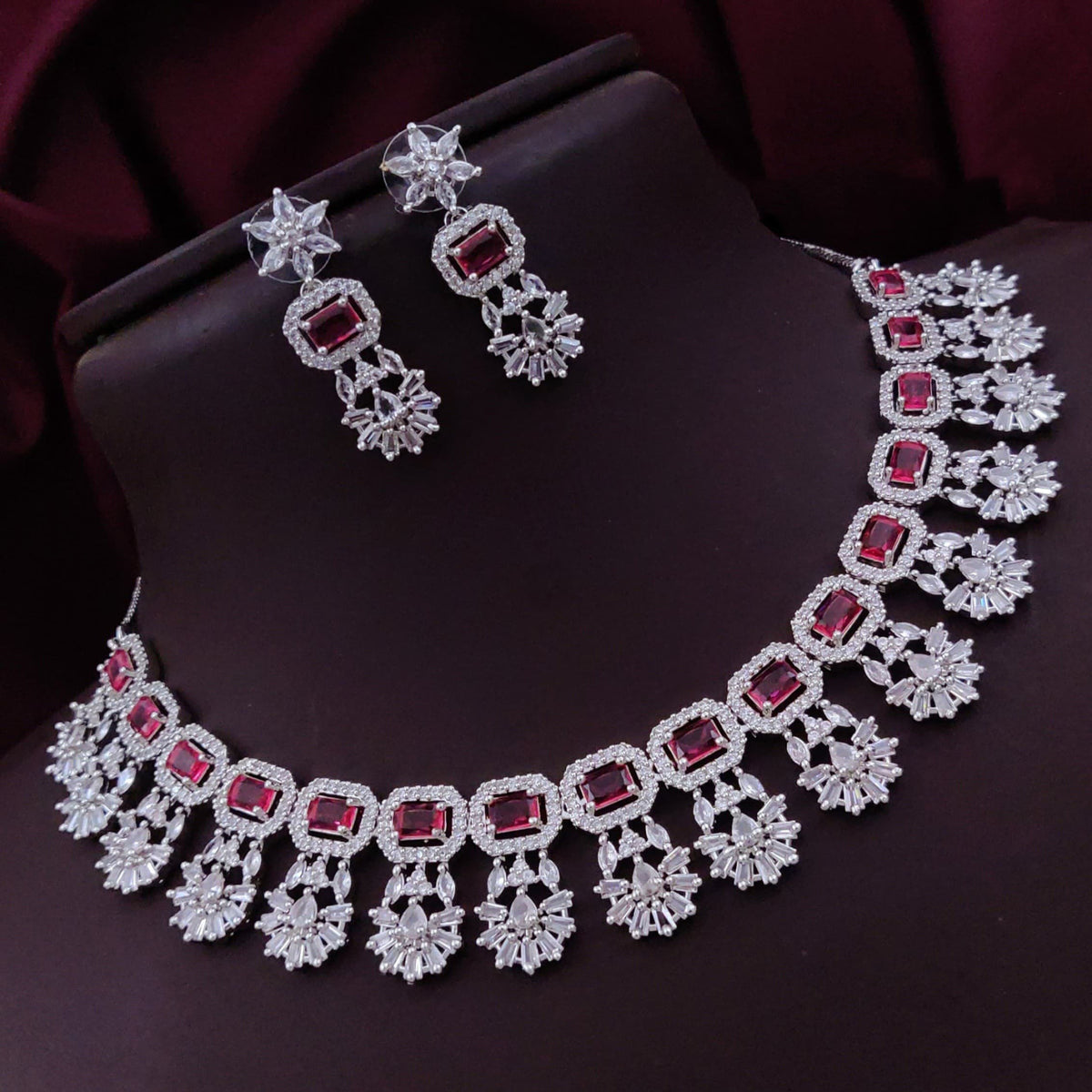 Bollywood Floral Inspired CZ Silver Plated Choker Earring Set For Women - Libasaa.com
