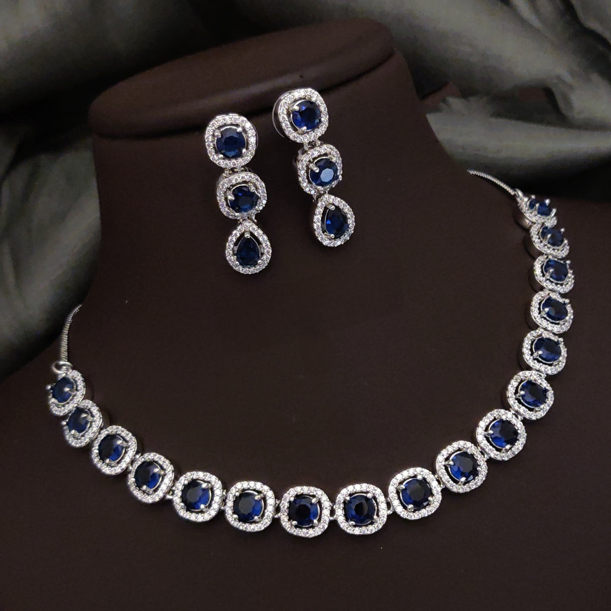 Bridal Ethnic Silver Tone CZ Choker Earring Set For Gift - Libasaa.com