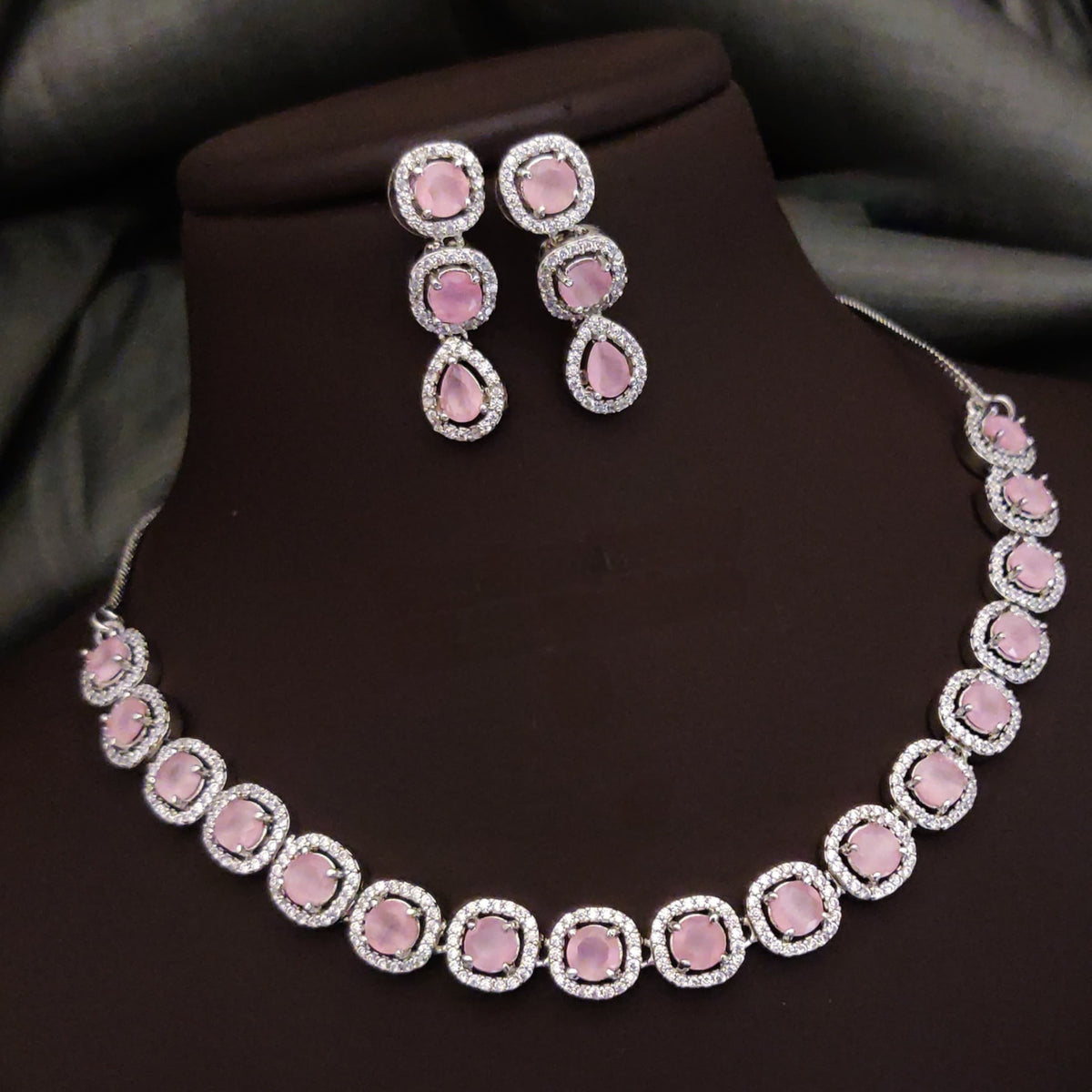 Bridal Ethnic Silver Tone CZ Choker Earring Set For Gift - Libasaa.com