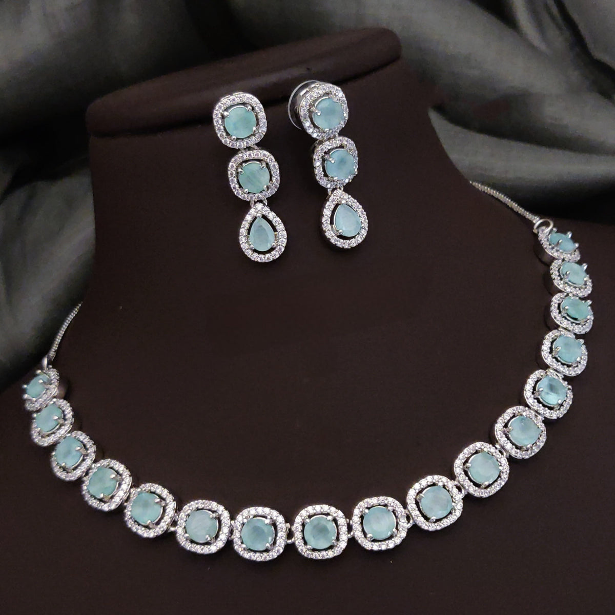 Bridal Ethnic Silver Tone CZ Choker Earring Set For Gift - Libasaa.com