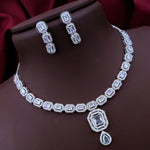Bridal Wedding Silver Plated Squaral Shaped AD CZ Stone Necklace Earring Set - Libasaa.com