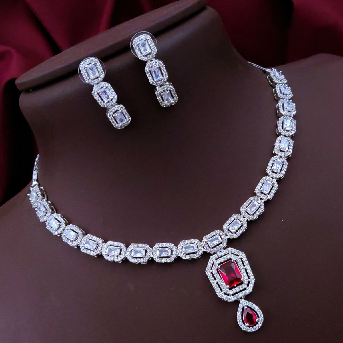 Bridal Wedding Silver Plated Squaral Shaped AD CZ Stone Necklace Earring Set - Libasaa.com