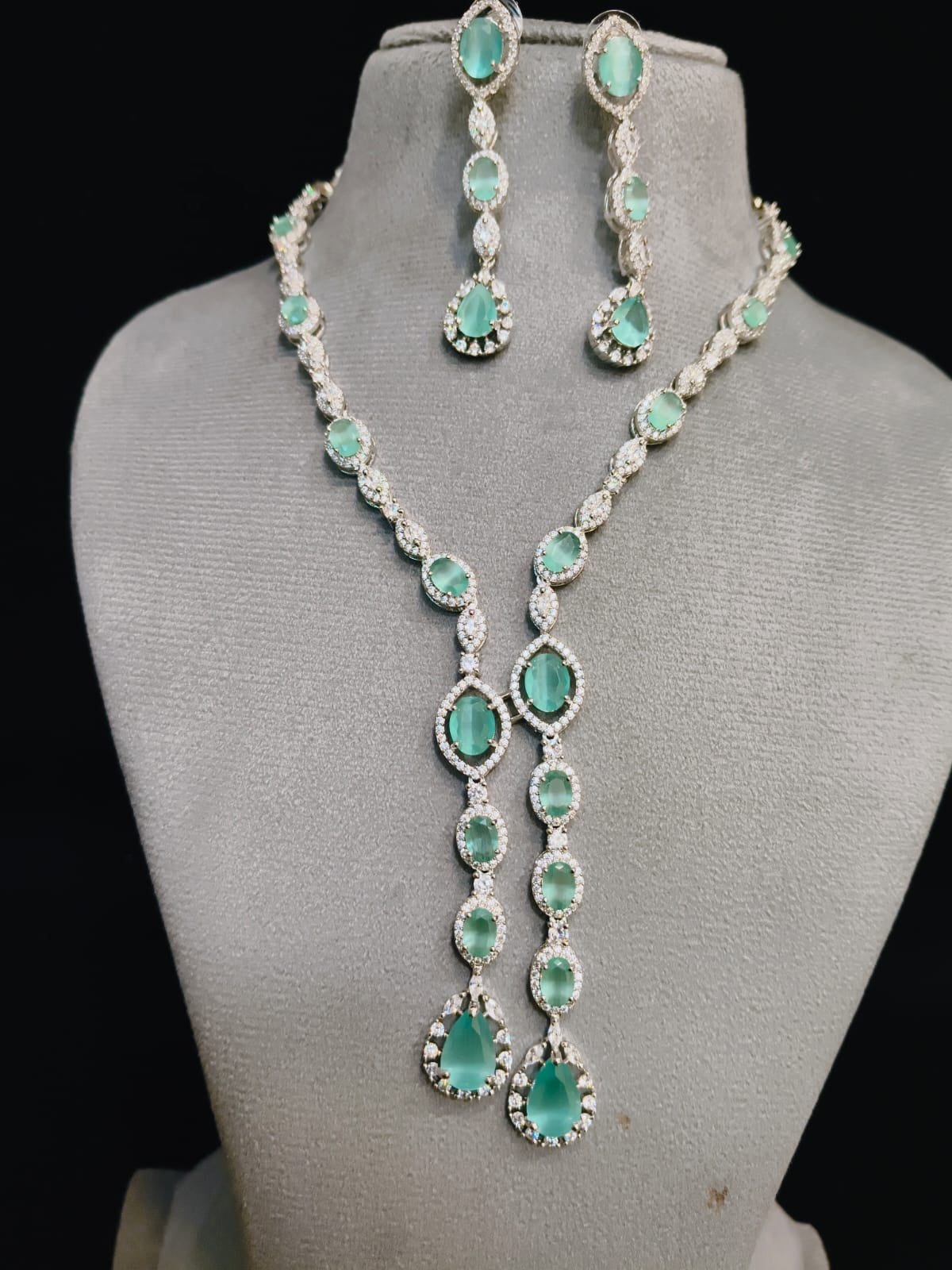 Indian Statement Bridal AD Silver Plated Necklace Earring Set For Wedding - Libasaa.com