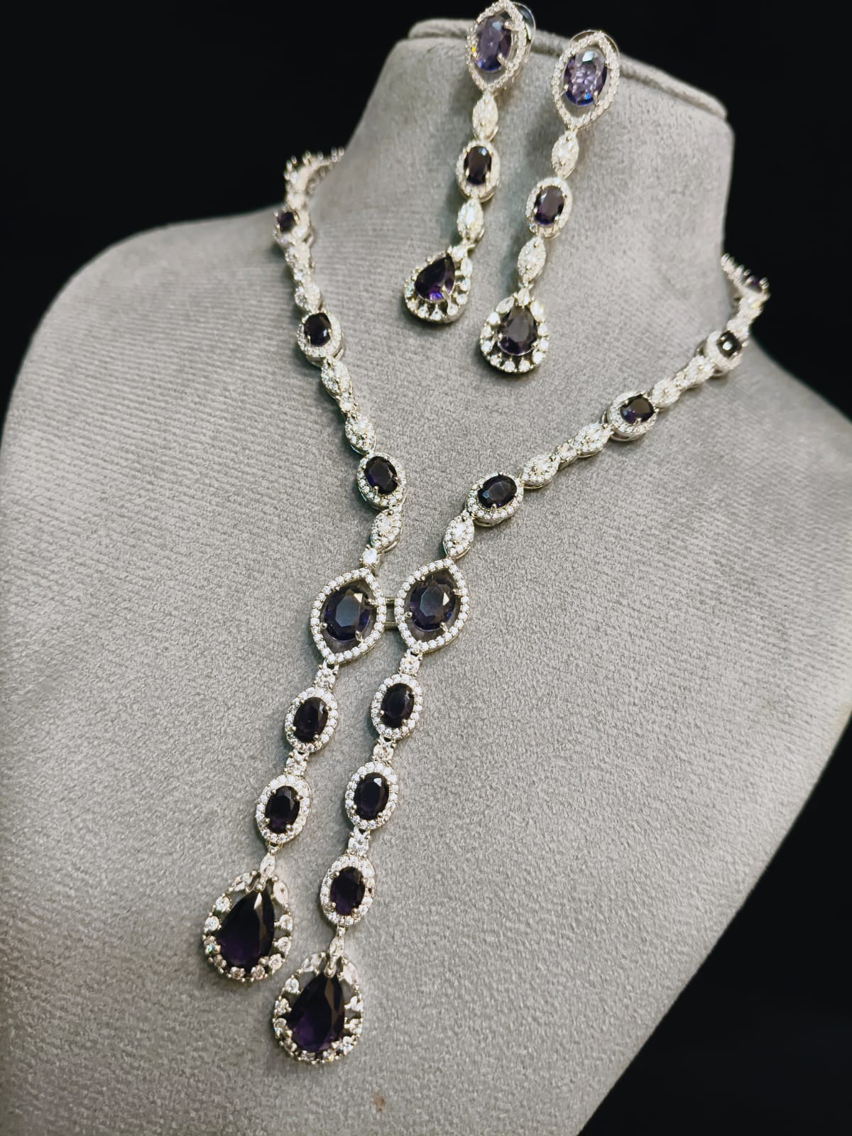 Indian Statement Bridal AD Silver Plated Necklace Earring Set For Wedding - Libasaa.com