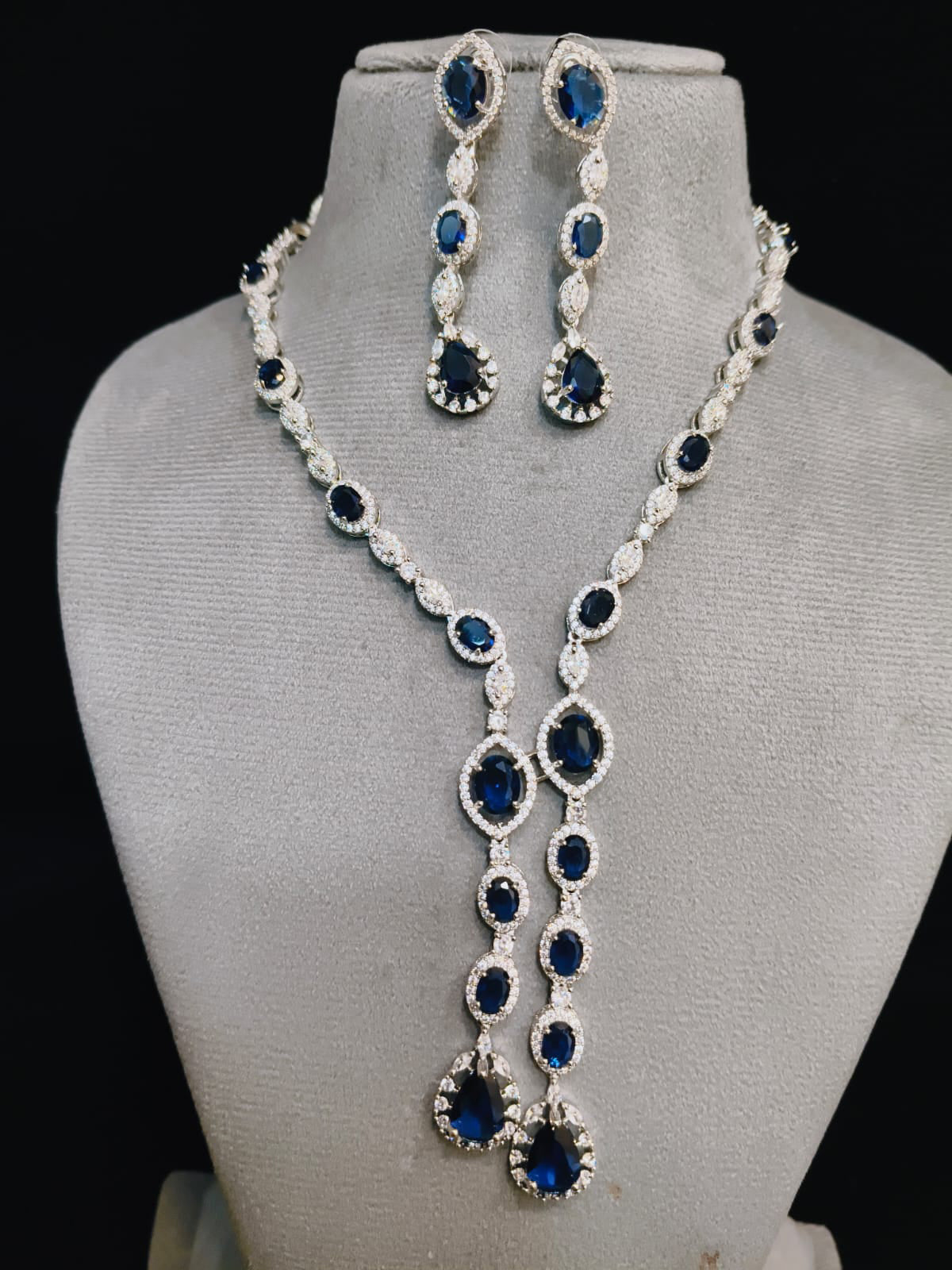 Indian Statement Bridal AD Silver Plated Necklace Earring Set For Wedding - Libasaa.com