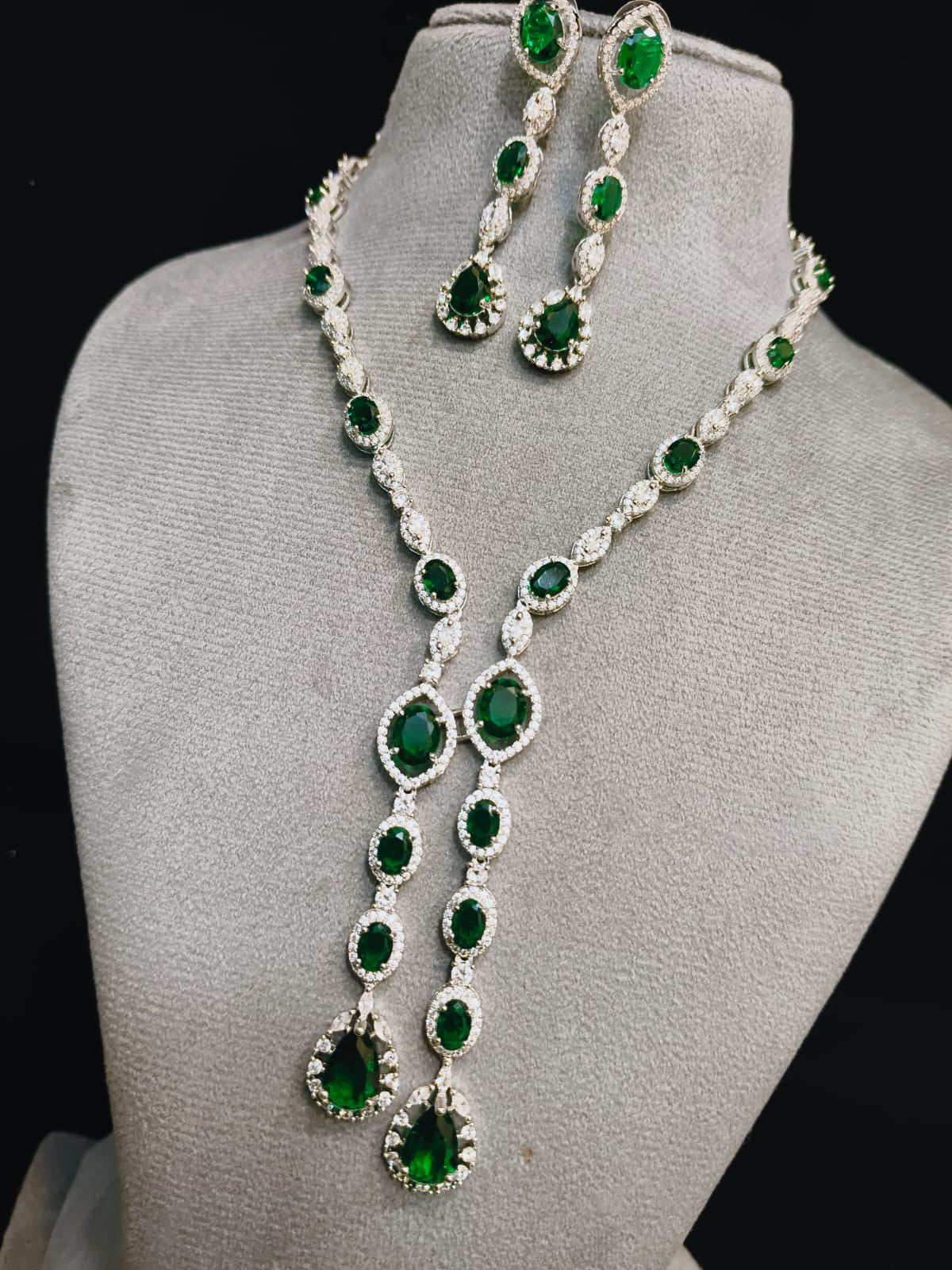 Indian Statement Bridal AD Silver Plated Necklace Earring Set For Wedding - Libasaa.com