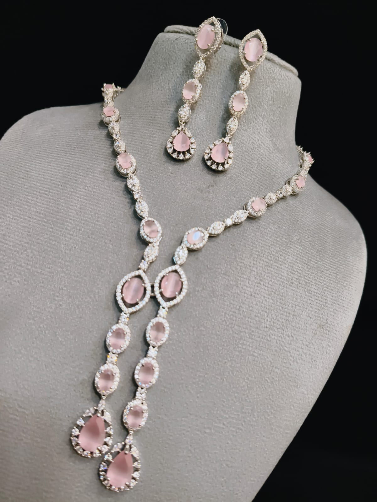 Indian Statement Bridal AD Silver Plated Necklace Earring Set For Wedding - Libasaa.com