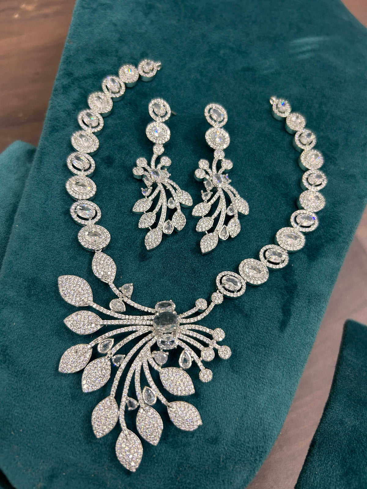 Wedding Flower Design CZ Silver Tone Necklace Earring Set - Libasaa.com
