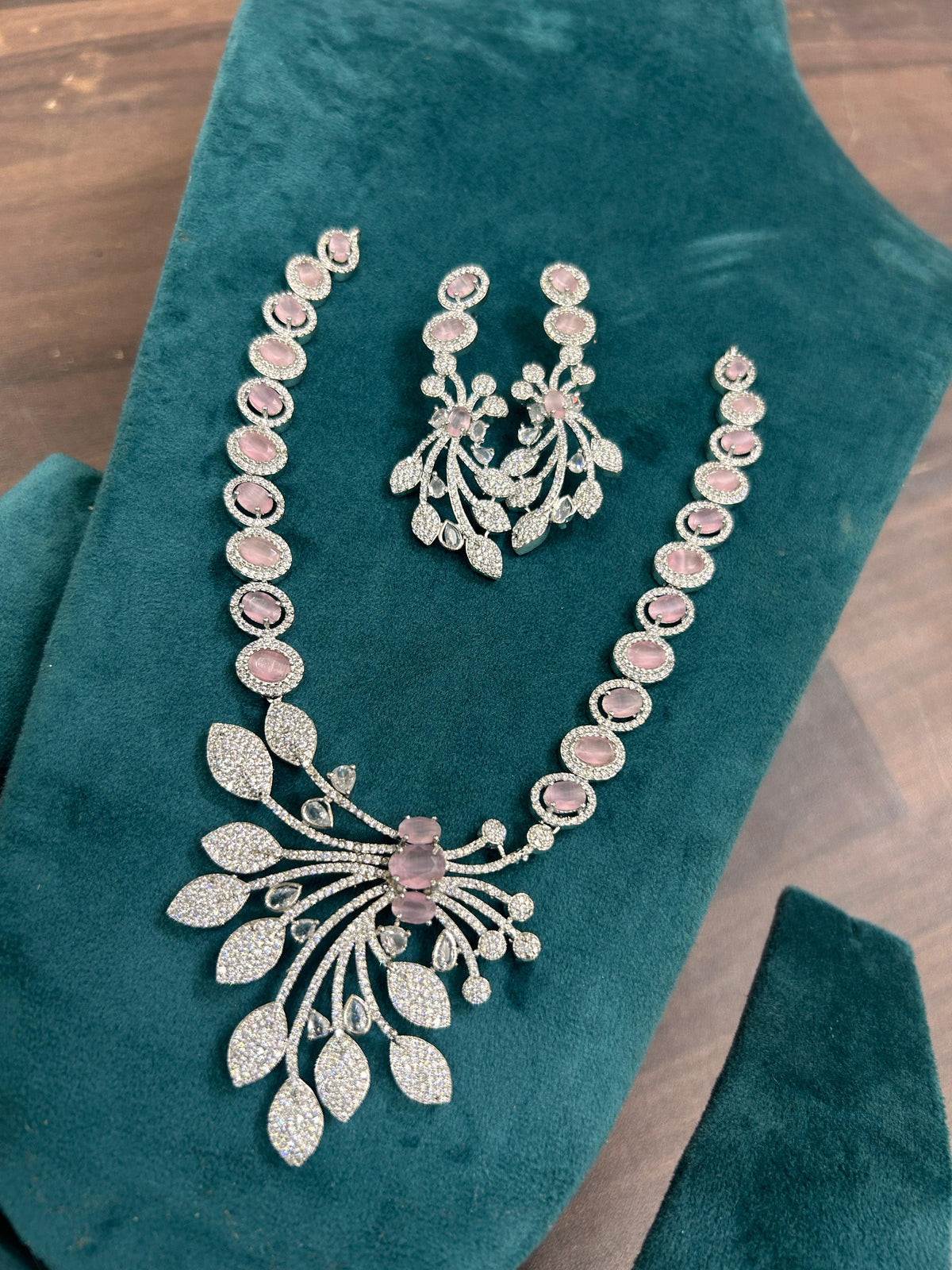 Wedding Flower Design CZ Silver Tone Necklace Earring Set - Libasaa.com