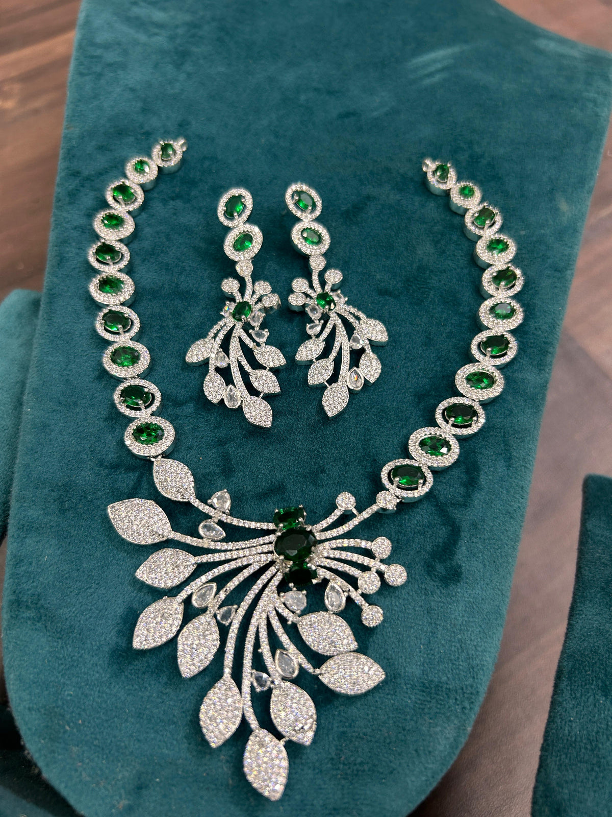 Wedding Flower Design CZ Silver Tone Necklace Earring Set - Libasaa.com